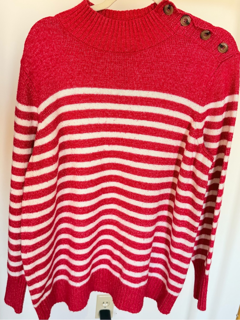 Chaps Red and White Striped Button-Shoulder Turtleneck Sweater
